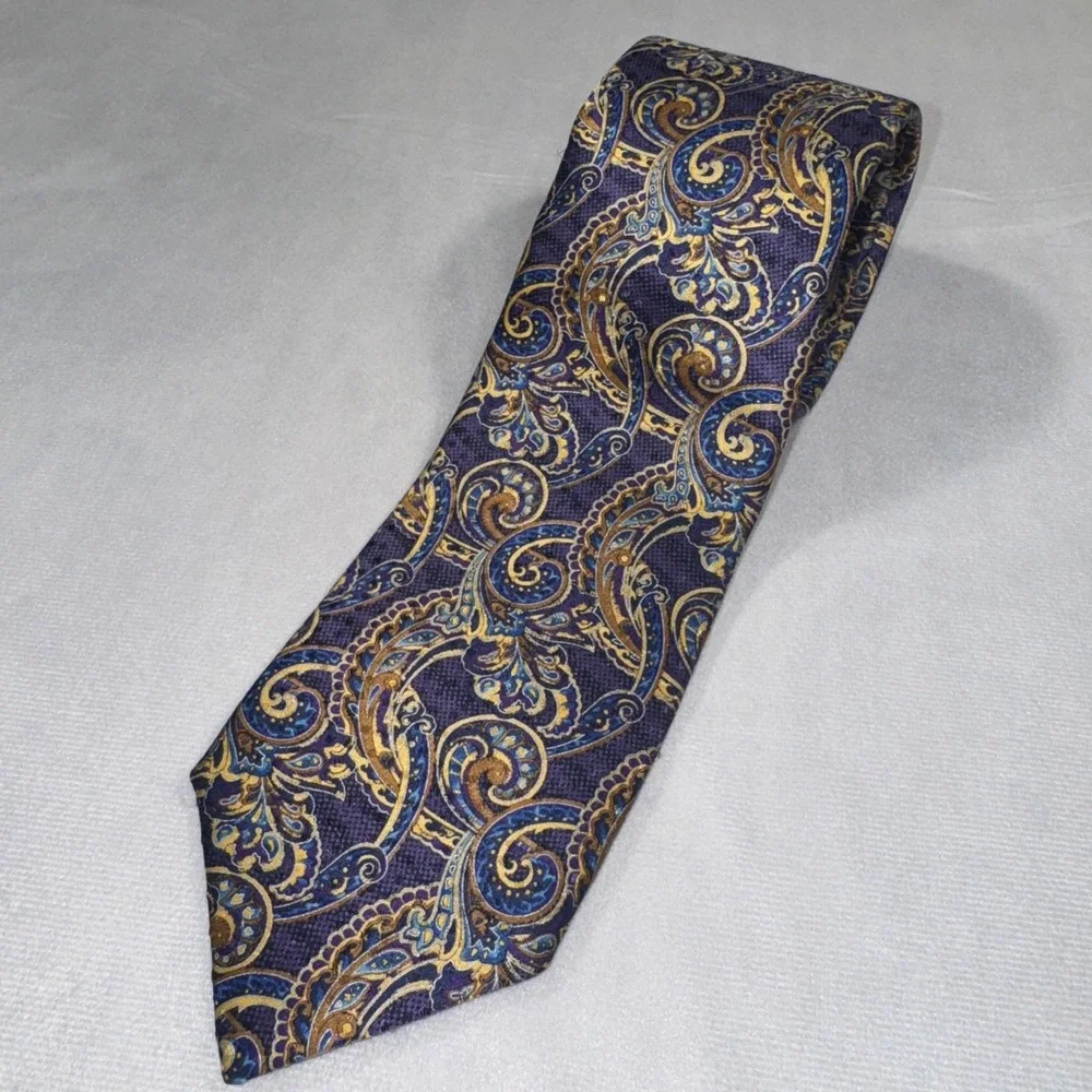 Vtg ROBERT TALBOTT 100% Silk Necktie Made in USA Peacock Designer Purple Yellow‎
